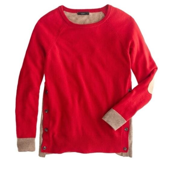 J. Crew Colorblock Red & Tan Side-Button Crewneck Sweater w/ Elbow Patches • XS - Picture 1 of 7